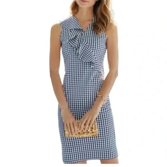 J McLaughlin • Kathryn Gingham Navy White Sleeveless Ruffle Dress Sz 4 Preppy - Picture 2 of 9